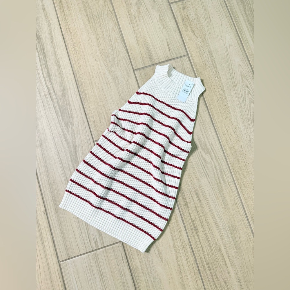 SOLD LOFT Shimmer Stripe Stitchy Halter Sweater – Light Ivory & Red NWT Size S